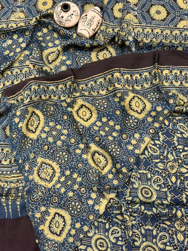 Teal Blue Pure Modal Silk Ajrakh Handblock Printed Saree with Mustard Combination