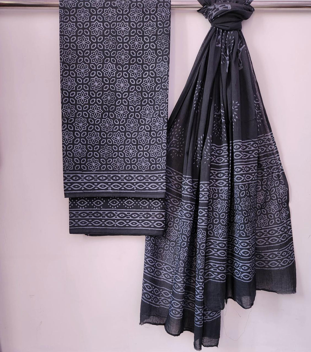 Charcoal Grey Geometric Handblock Printed Cotton Suit Set