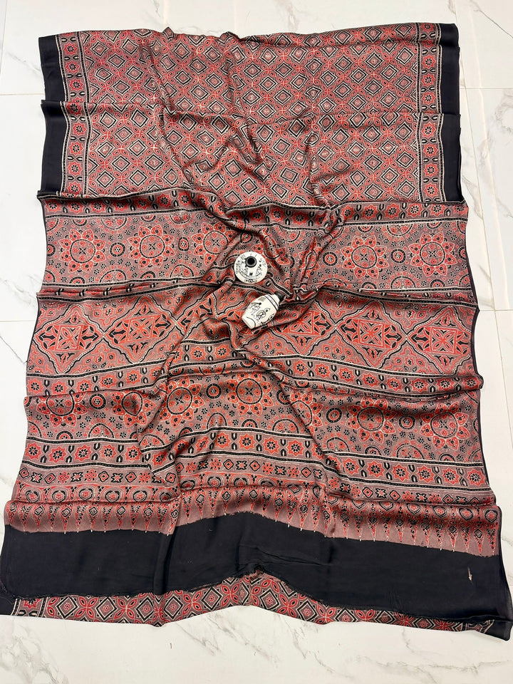 Brown Tradtitonal Pure Modal Silk Ajrakh Handblock Printed Saree