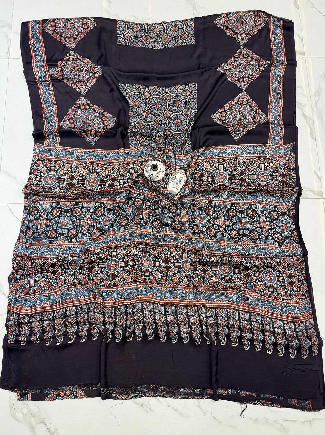 Black With Rusty Red Print Pure Modal Silk Ajrakh Handblock Printed Saree