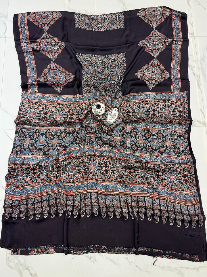 Black With Rusty Red Print Pure Modal Silk Ajrakh Handblock Printed Saree