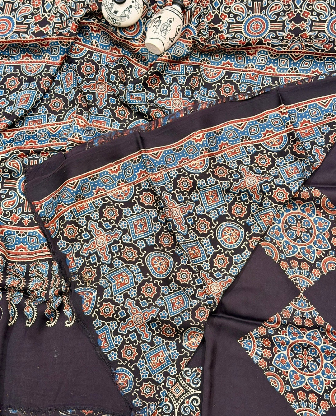Black With Rusty Red Print Pure Modal Silk Ajrakh Handblock Printed Saree
