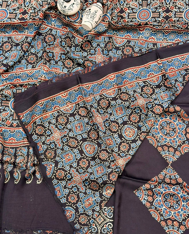 Black With Rusty Red Print Pure Modal Silk Ajrakh Handblock Printed Saree