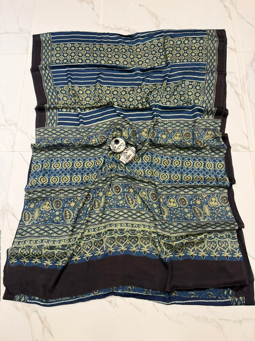 Stripes Pure Modal Silk Ajrakh Handblock Printed Saree - Teal Blue
