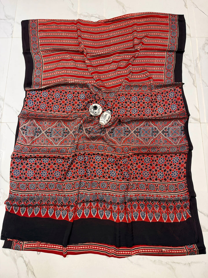Traditional Pure Modal Silk Ajrakh Handblock Printed Saree Madder Red