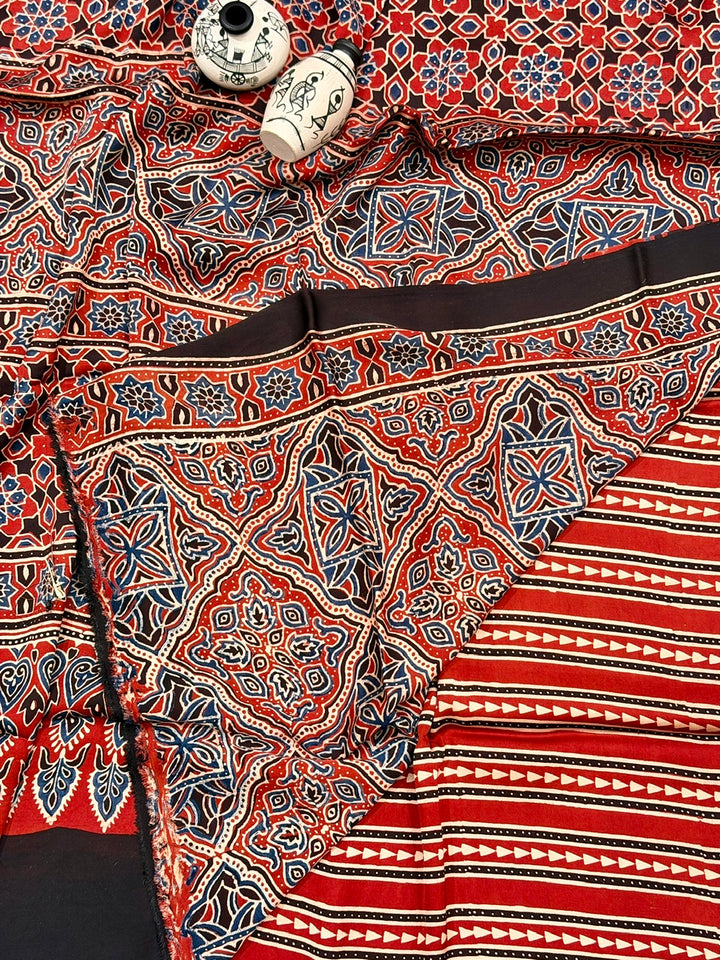 Traditional Pure Modal Silk Ajrakh Handblock Printed Saree Madder Red