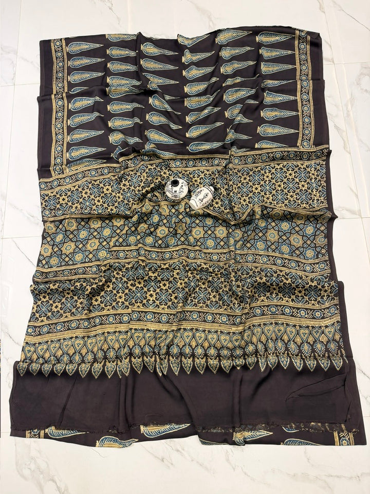 Khajoor Boota Pure Modal Silk Ajrakh Handblock Printed Saree Black