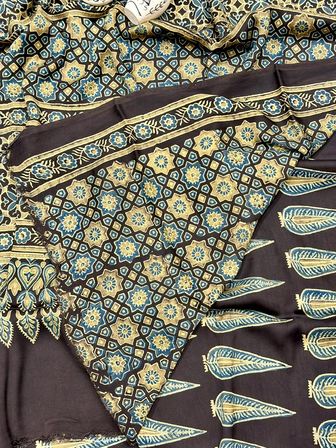Khajoor Boota Pure Modal Silk Ajrakh Handblock Printed Saree Black