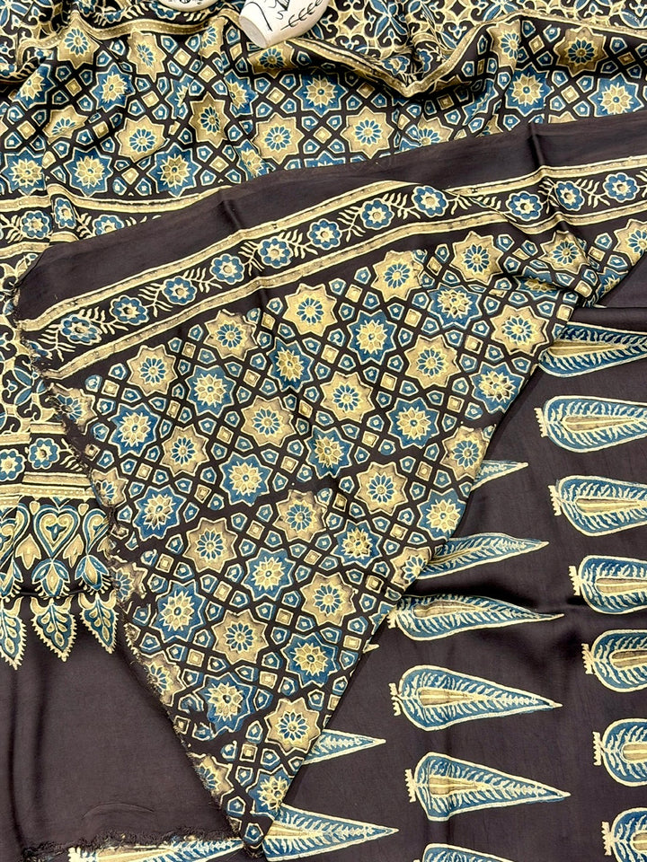 Khajoor Boota Pure Modal Silk Ajrakh Handblock Printed Saree Black