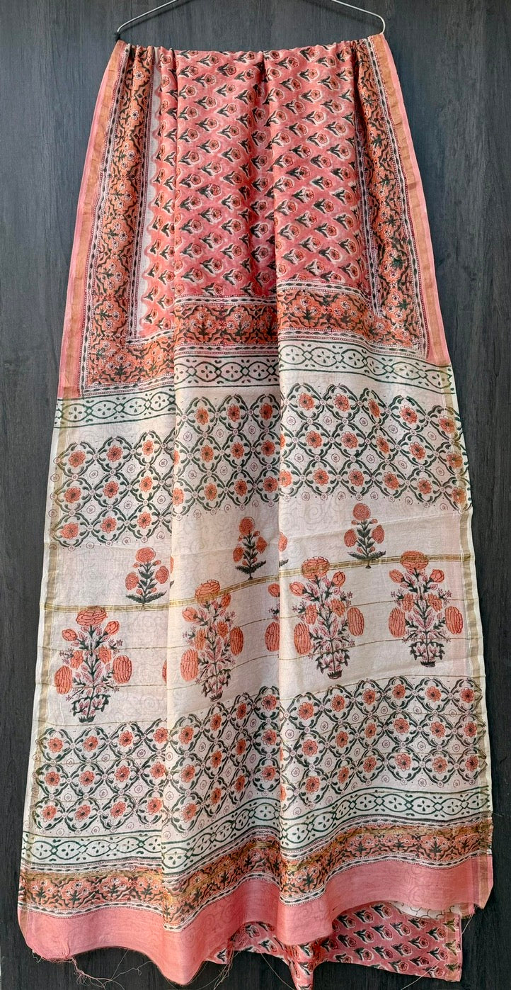 Sanganeri Chanderi Bagru Handblock Printed Silk Cotton Saree With Blouse  - Peach