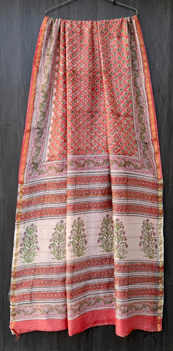 Floral Chanderi Bagru Handblock Printed Silk Cotton Saree With Blouse - Peach Pink