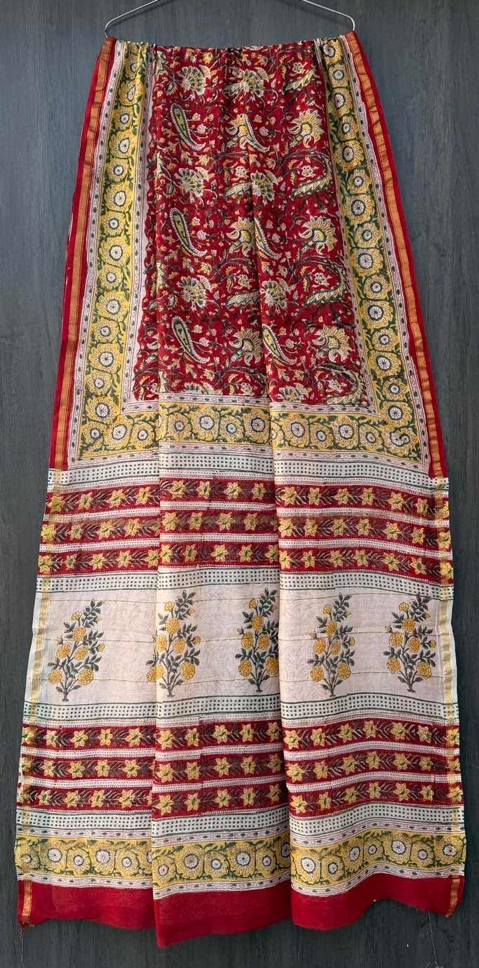 Hot Red Chanderi Bagru Handblock Printed Silk Cotton Saree With Blouse - Red jaal