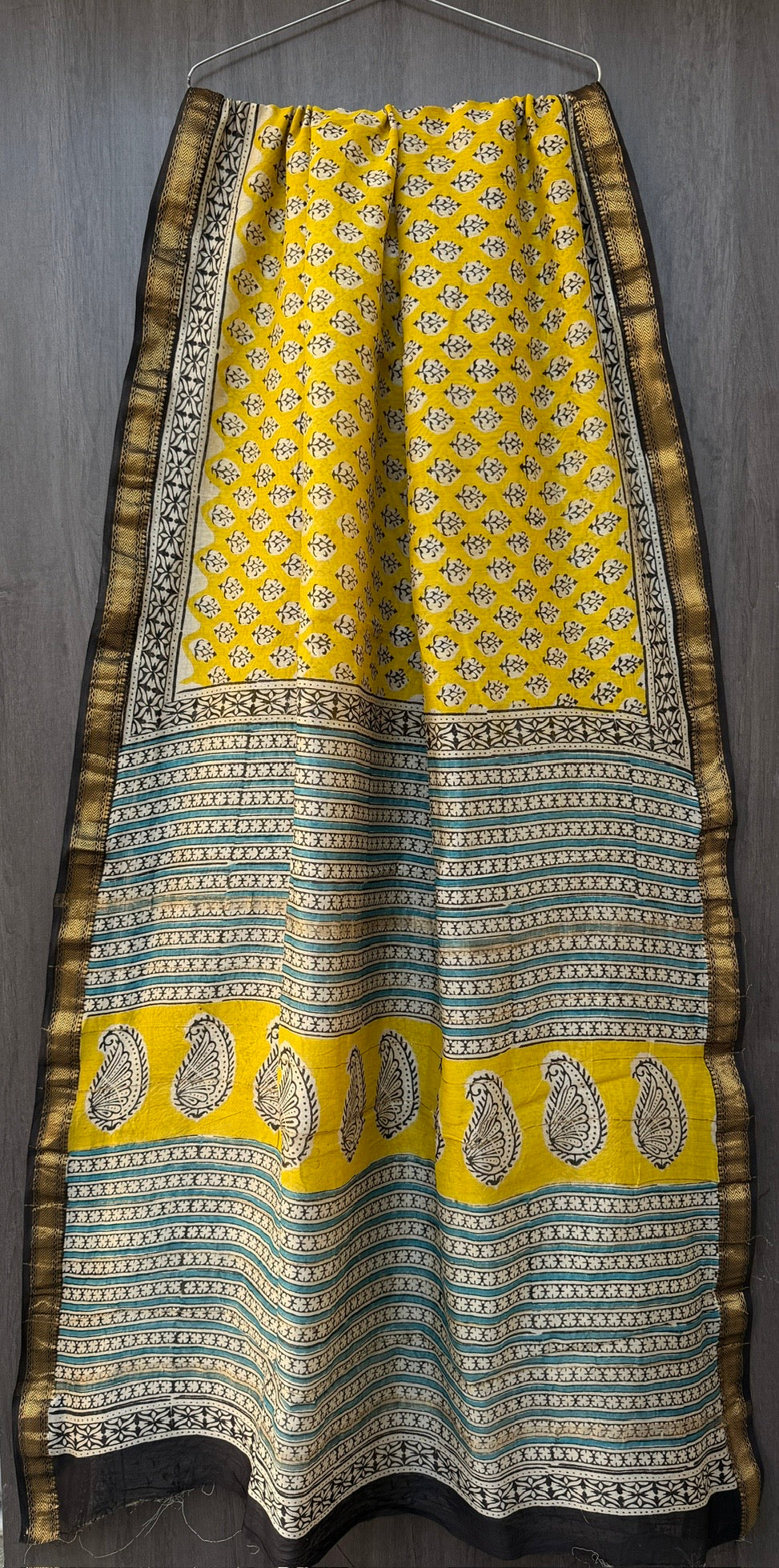 Bright Yellow & Turquoise Teal Stripe Paisley Handblock Printed Pure Maheshwari Silk Saree
