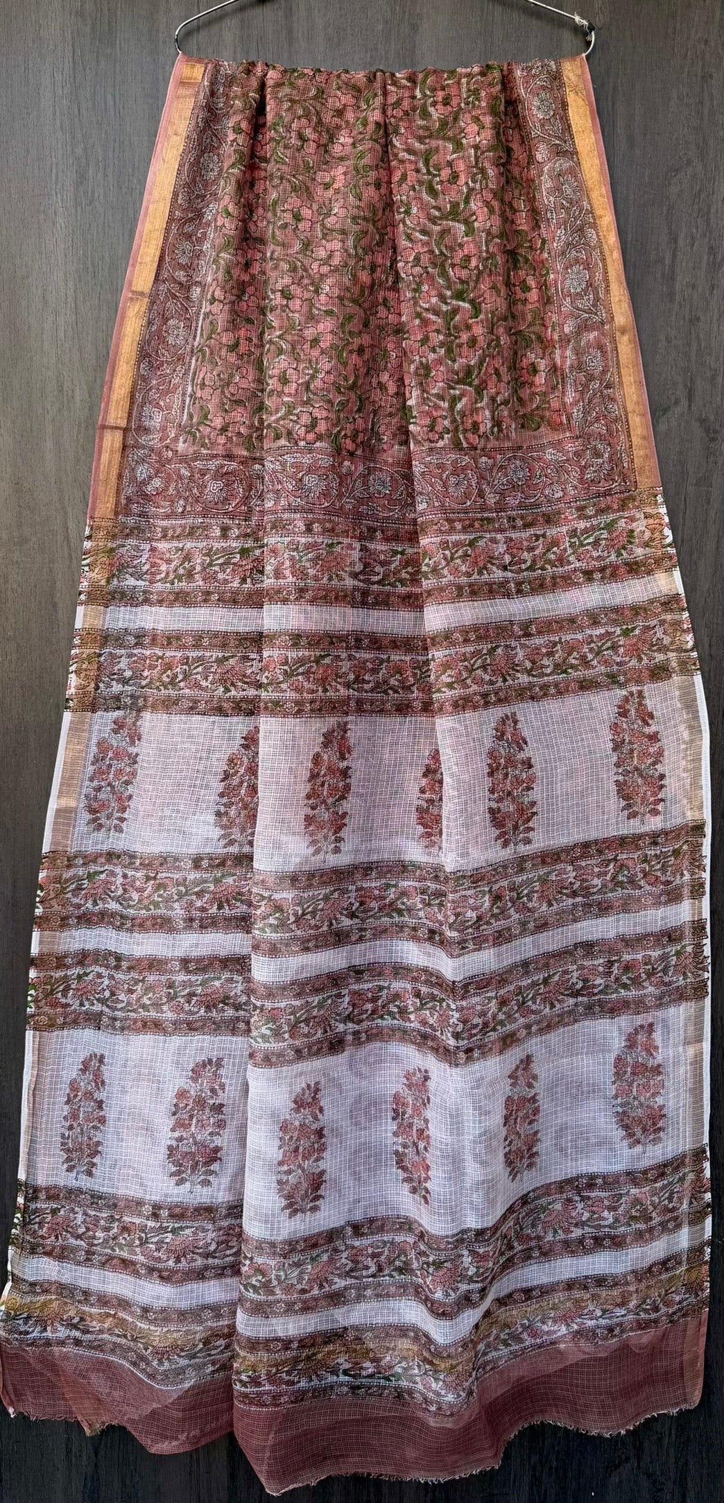 Olive & Dusty Rose Floral Block Print Kota Doria Saree with Golden Zari Border