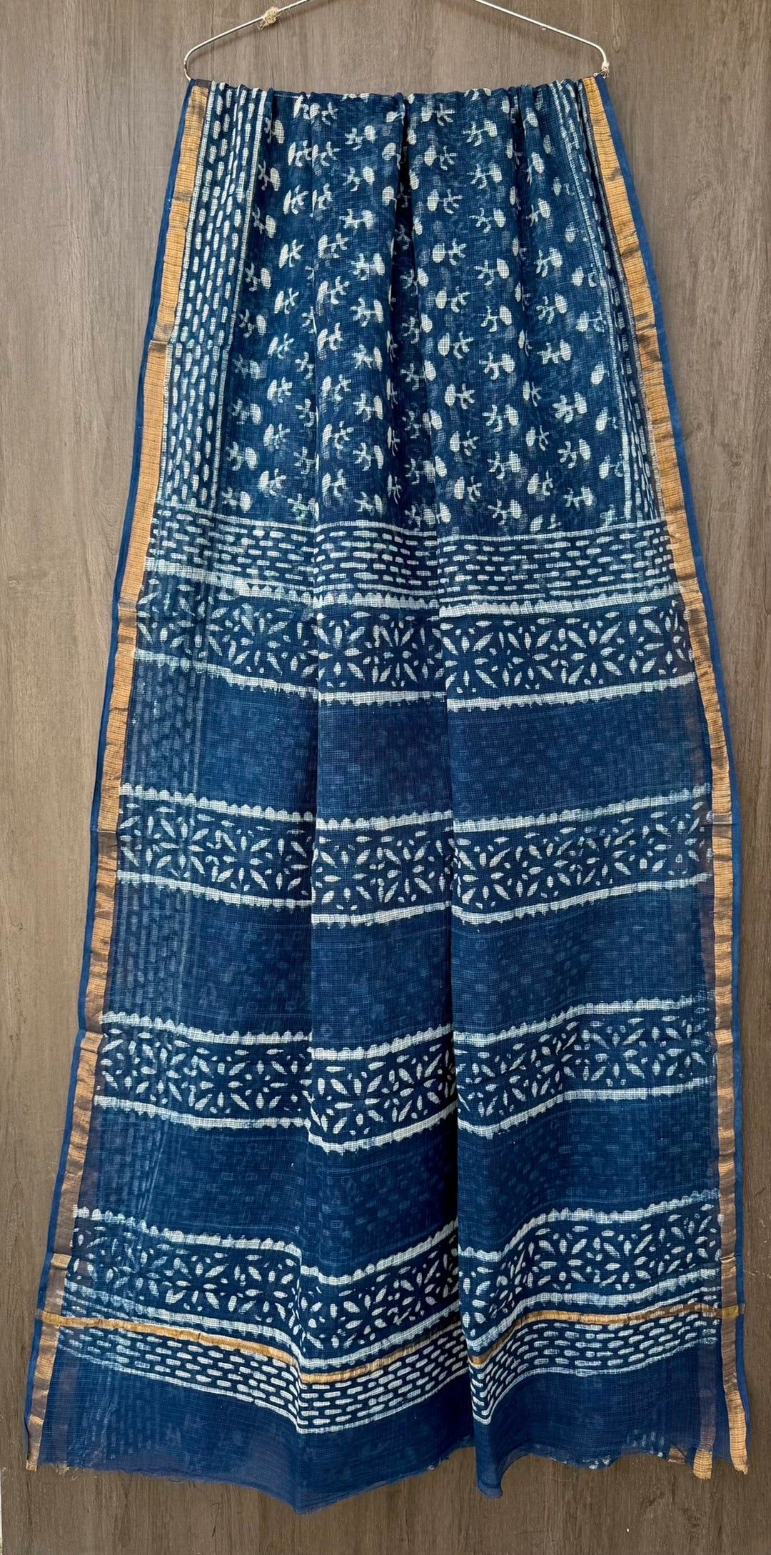 Deep Indigo Blue Geometric & Floral Block Print Kota Doria Cotton Saree