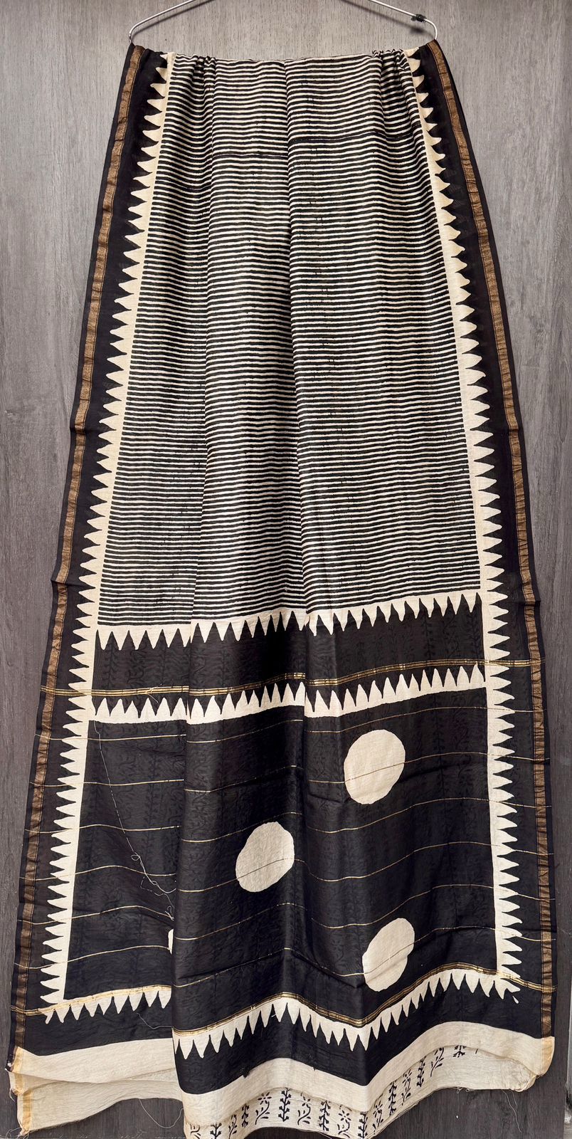 Midnight Black & Cream Block Print Saree with Temple Border