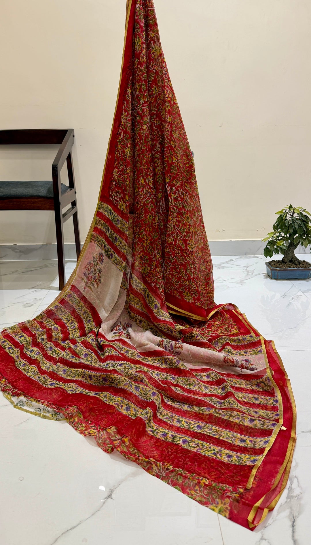Premium Handblock printed Pure Double Diamond Chiffon saree  - Dark red rapid print