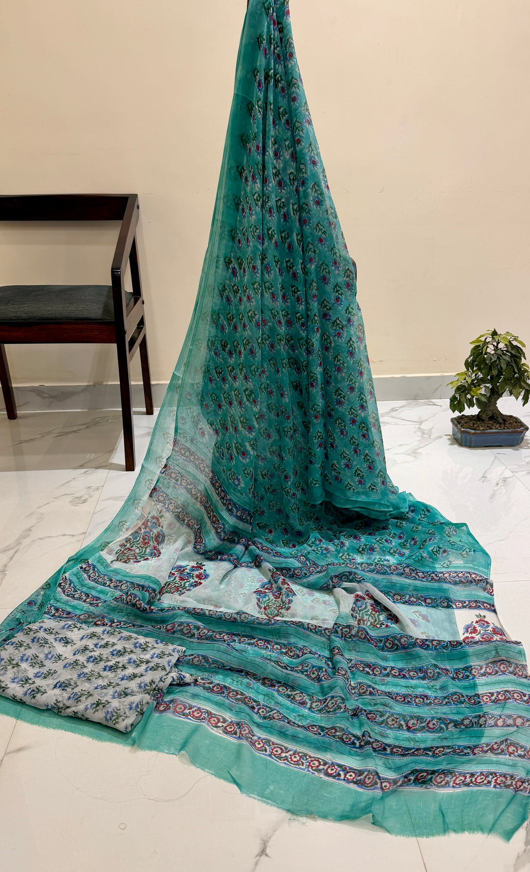 Premium Handblock printed Pure Double Diamond Chiffon saree  - Teal green with booti print