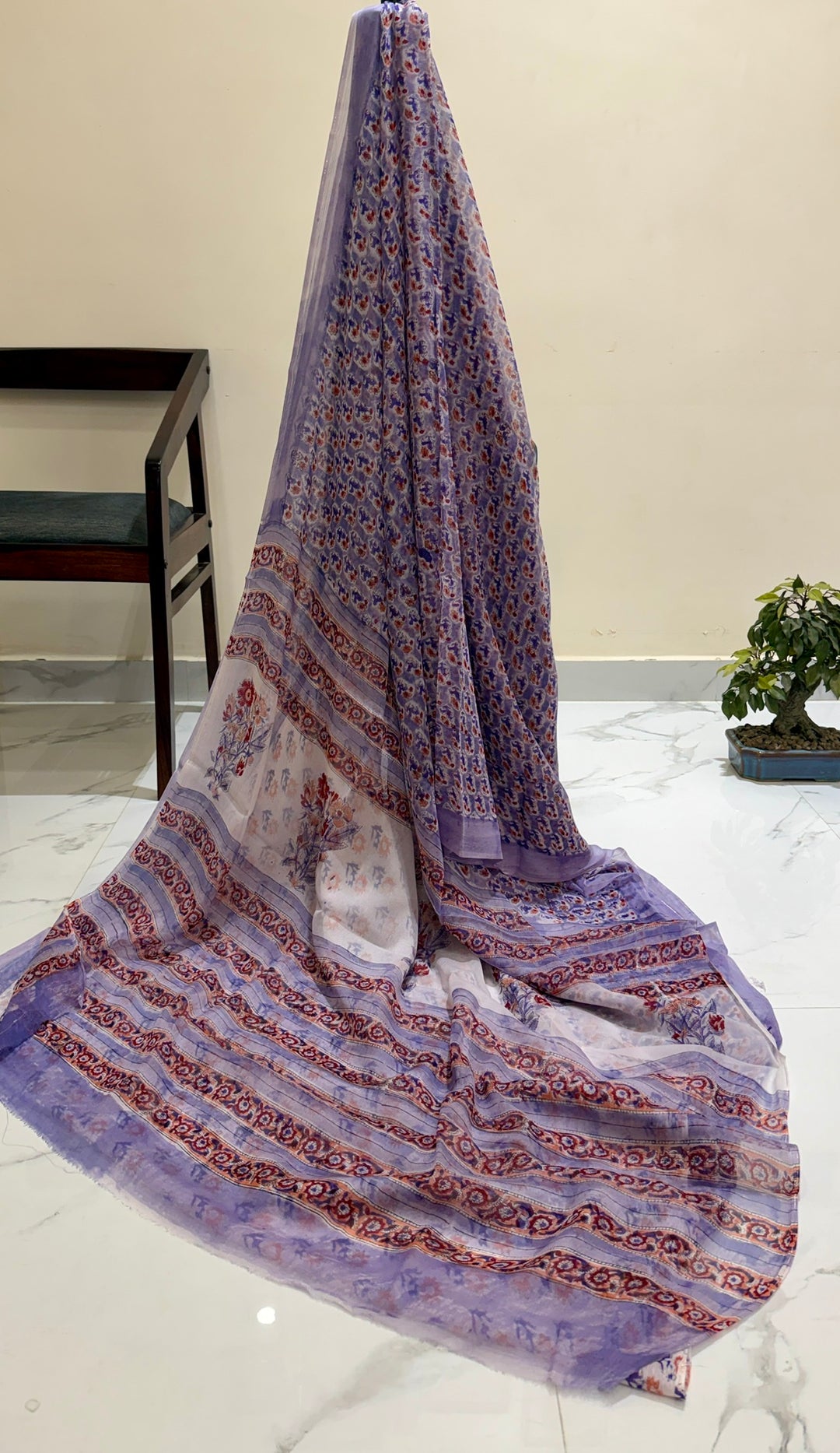 Premium Handblock printed Pure Double Diamond Chiffon saree  - Purple shade with sanganeri