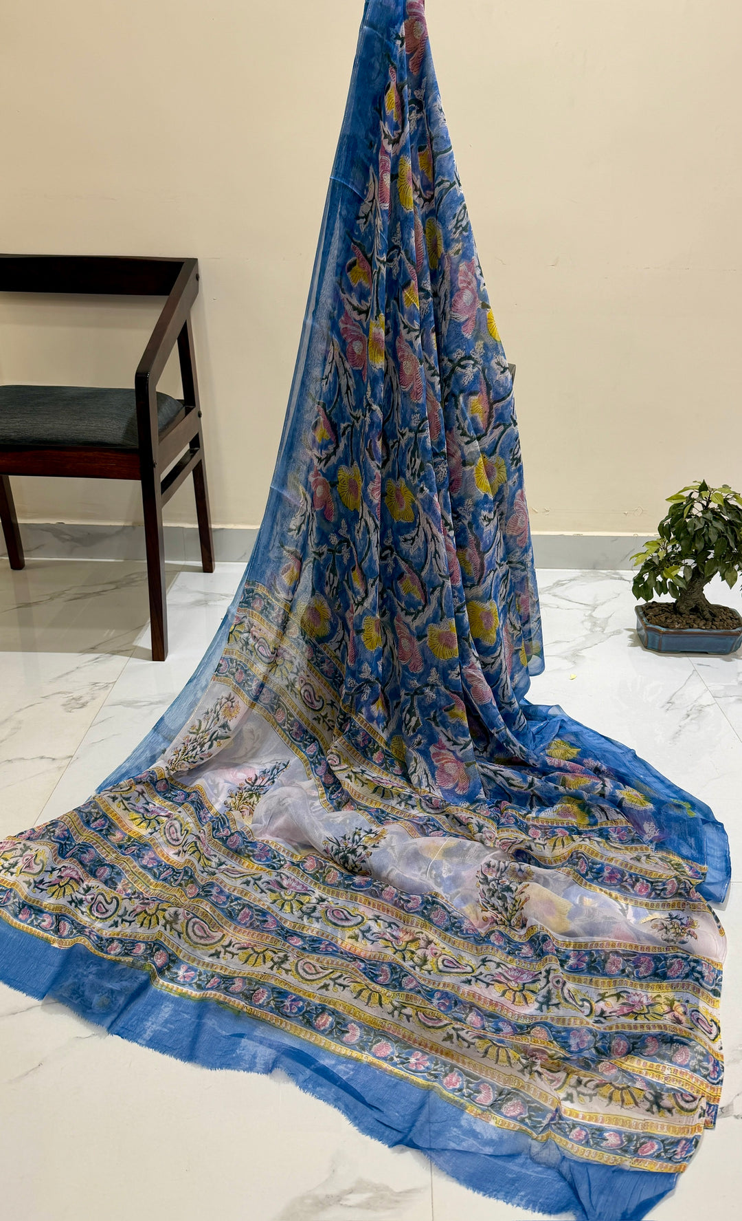 Premium Handblock printed Pure Double Diamond Chiffon saree  - Teal blue with floral print
