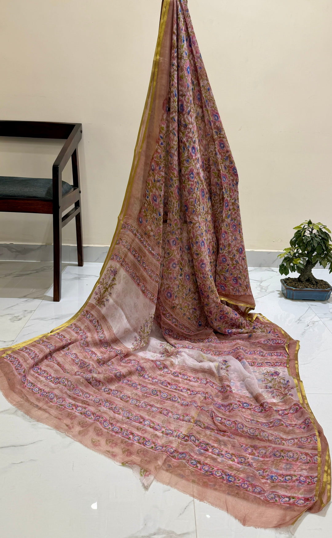 Premium Handblock printed Pure Double Diamond Chiffon saree  - Different shade of brown