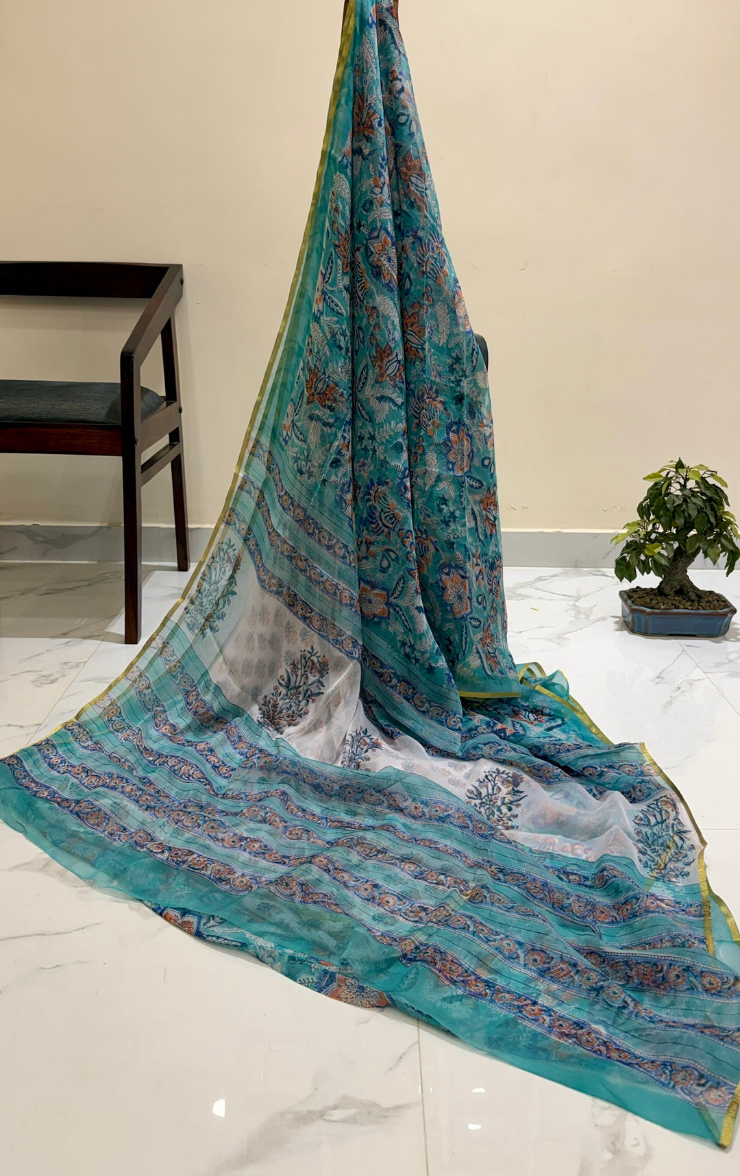 Premium Handblock printed Pure Double Diamond Chiffon saree  - Sea green floral
