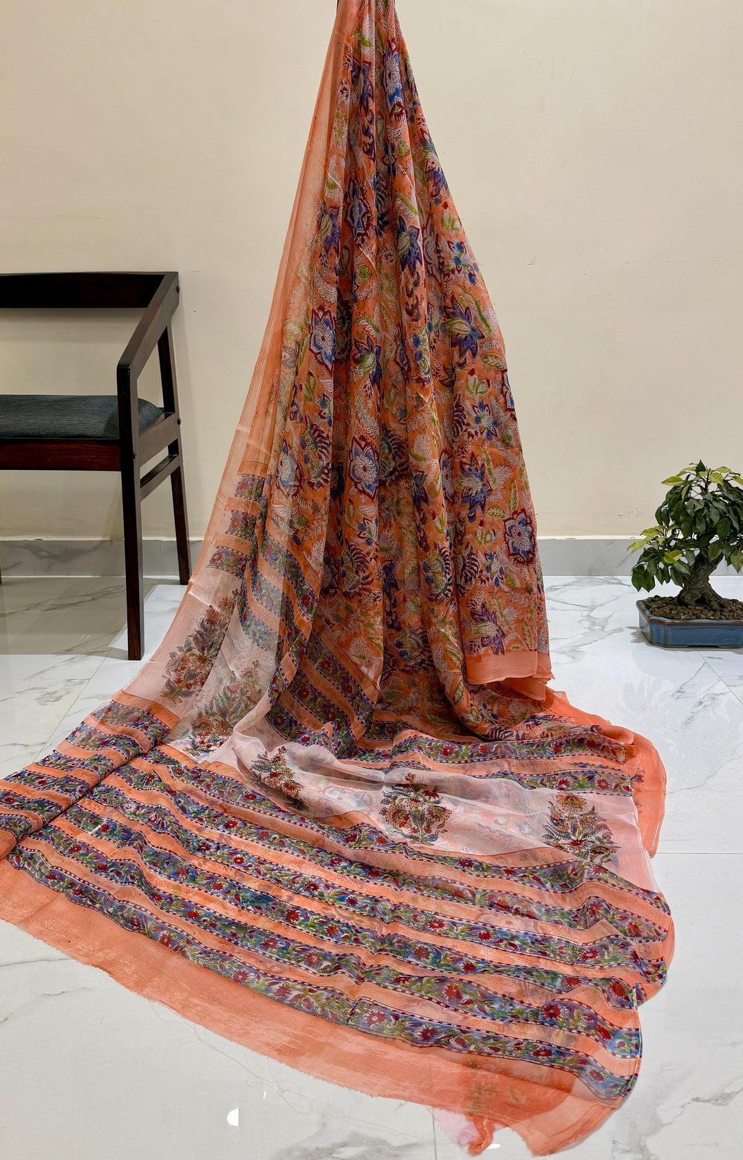 Premium Handblock printed Pure Double Diamond Chiffon saree  - Light orange floral