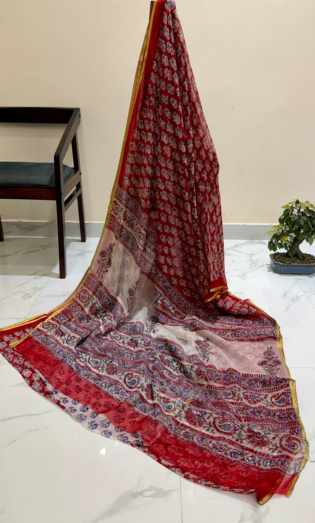 Crimson Red & White Booti Handblock Print Premium Chiffon Saree