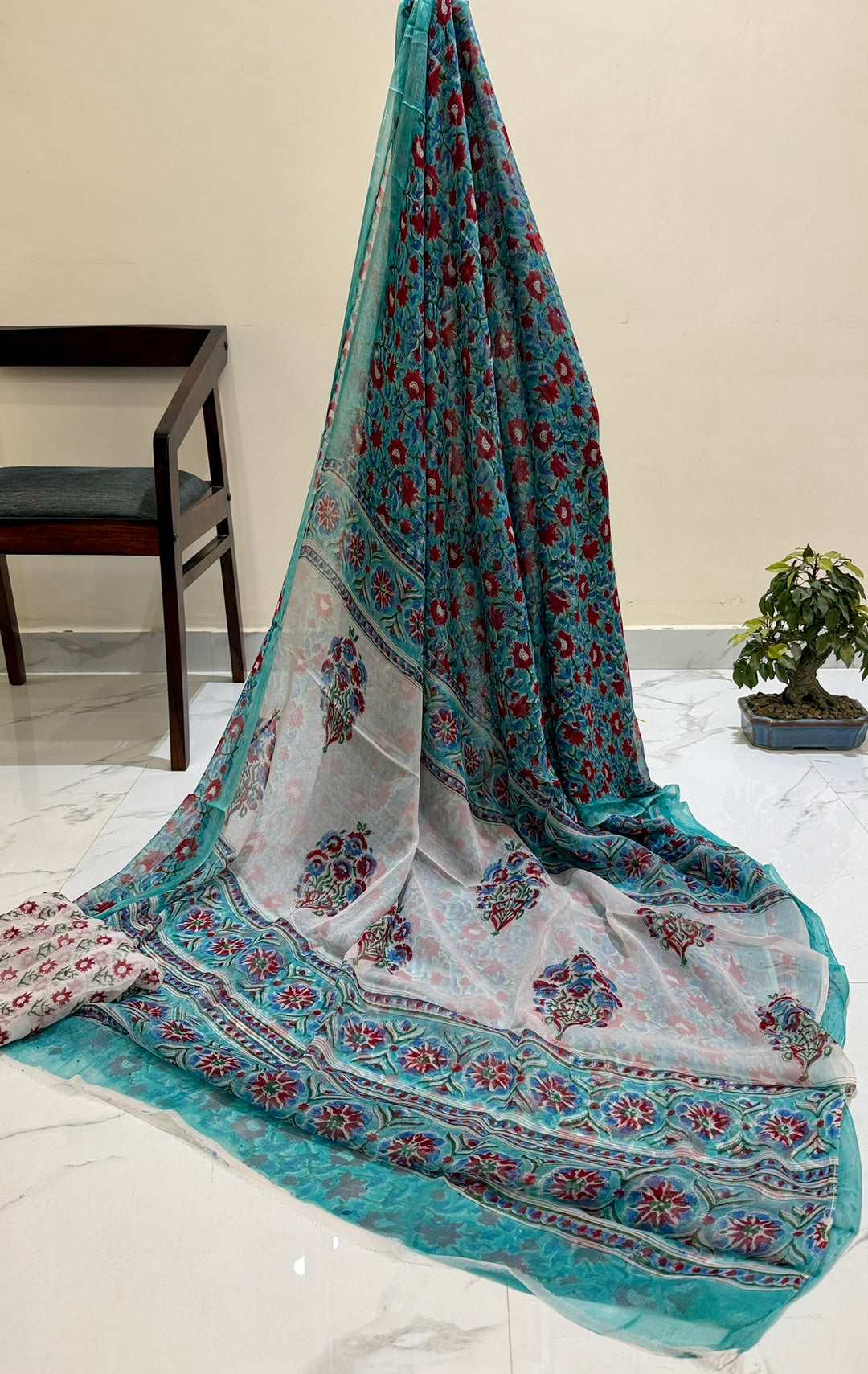 Premium Handblock printed Pure Double Diamond Chiffon saree  - Teal green with maroon