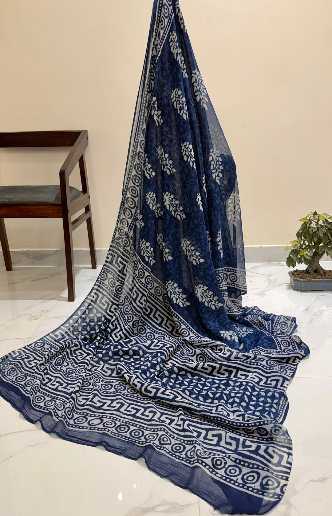 Premium Handblock printed Pure Double Diamond Chiffon saree  - Indigo blue