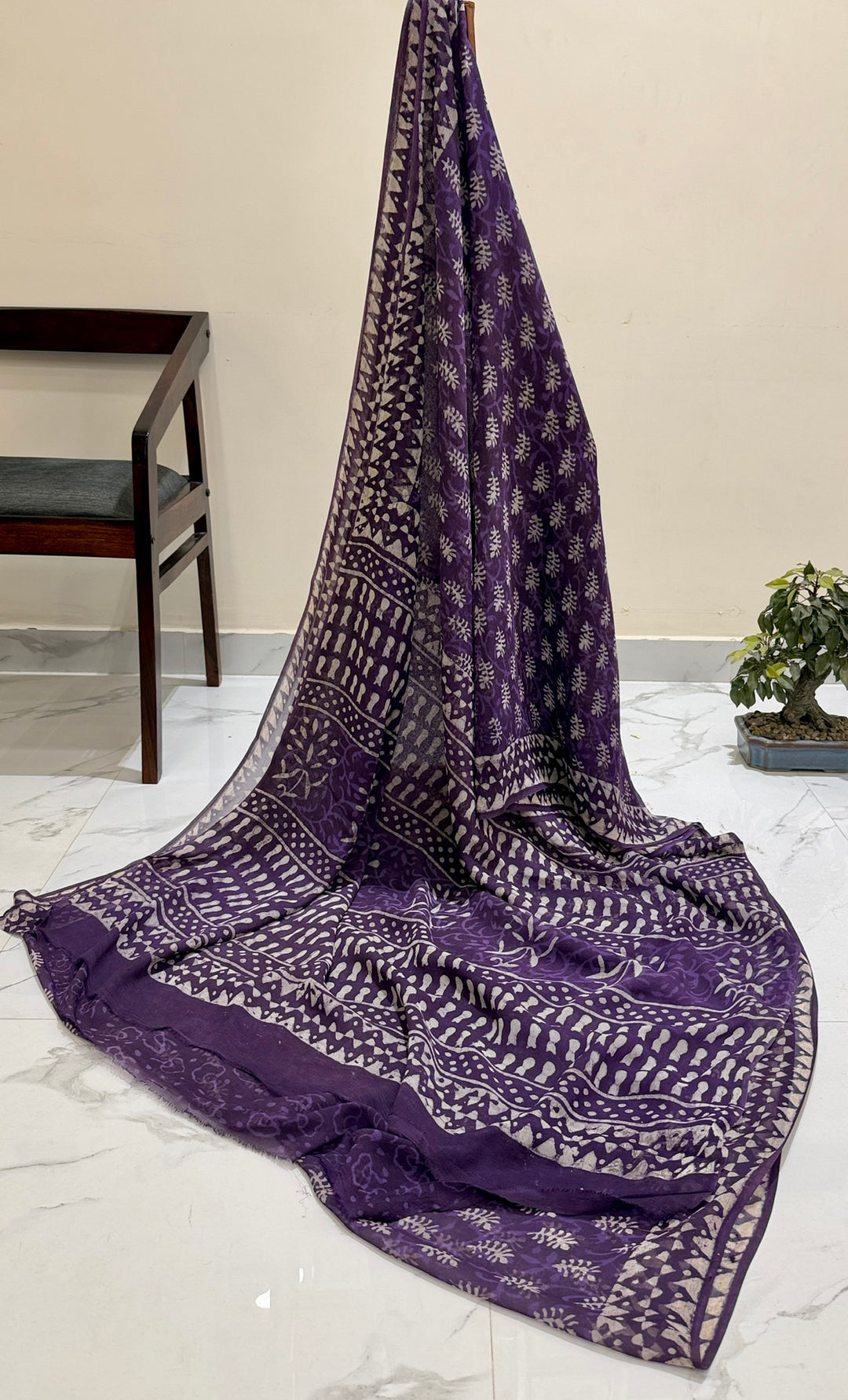Premium Handblock printed Pure Double Diamond Chiffon saree  - Purple daabu