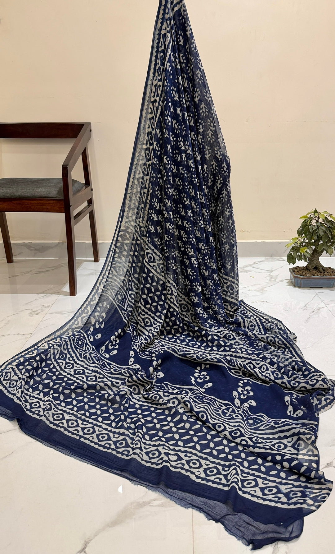Premium Handblock printed Pure Double Diamond Chiffon saree  - Indigo blue small booti