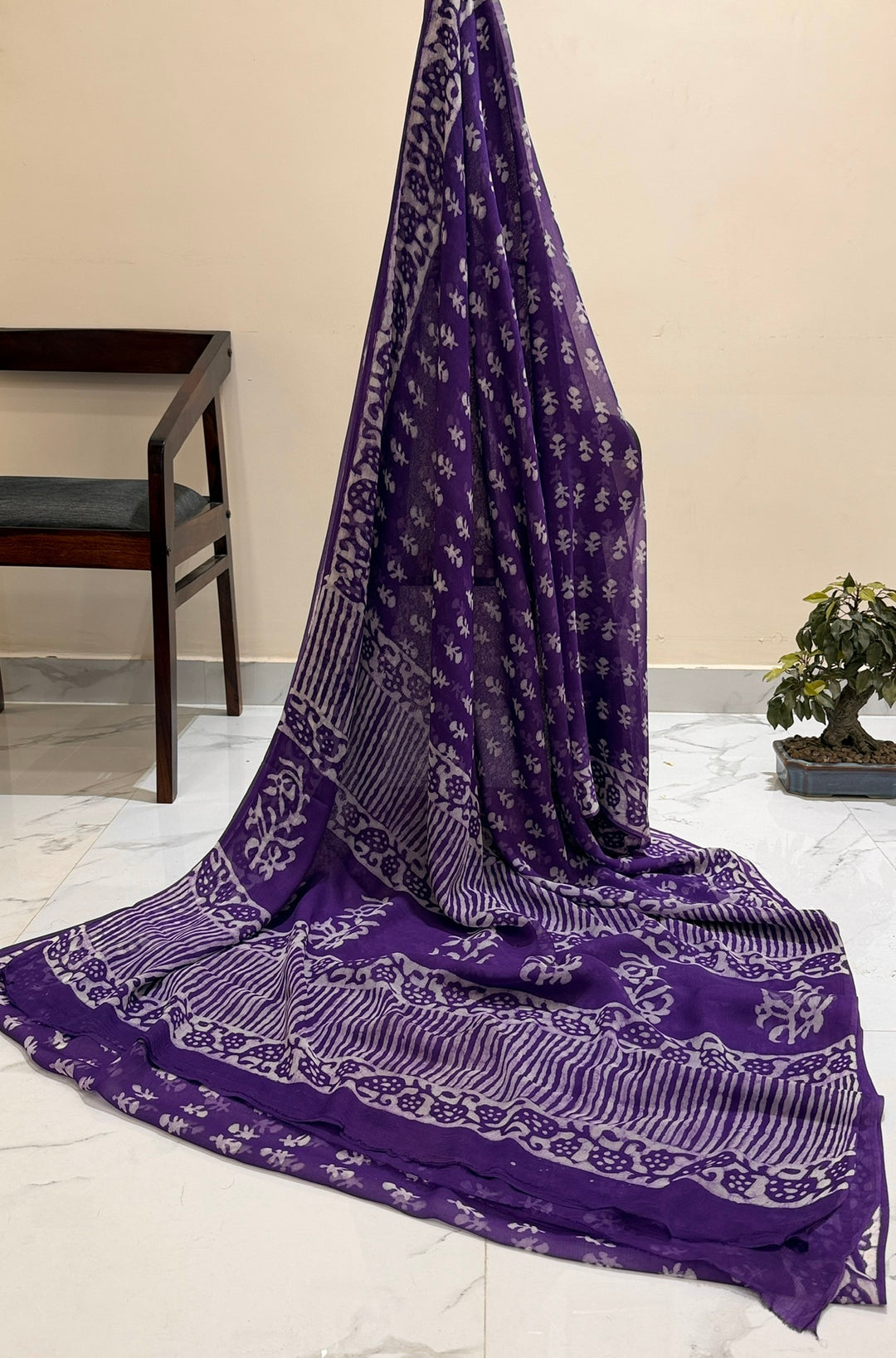 Premium Handblock printed Pure Double Diamond Chiffon saree  - Dark Purple