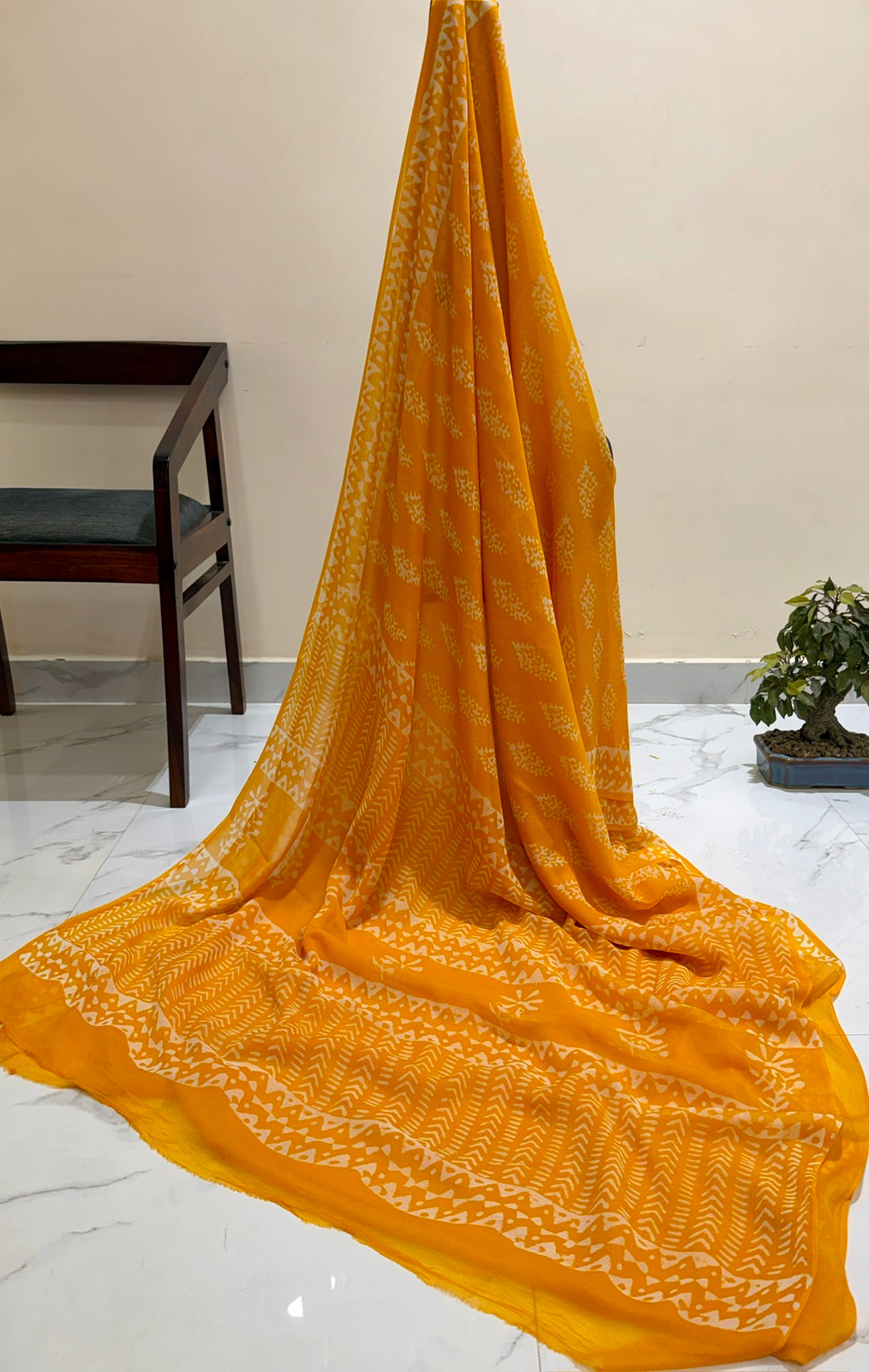Premium Handblock printed Pure Double Diamond Chiffon saree  - Mastard yellow