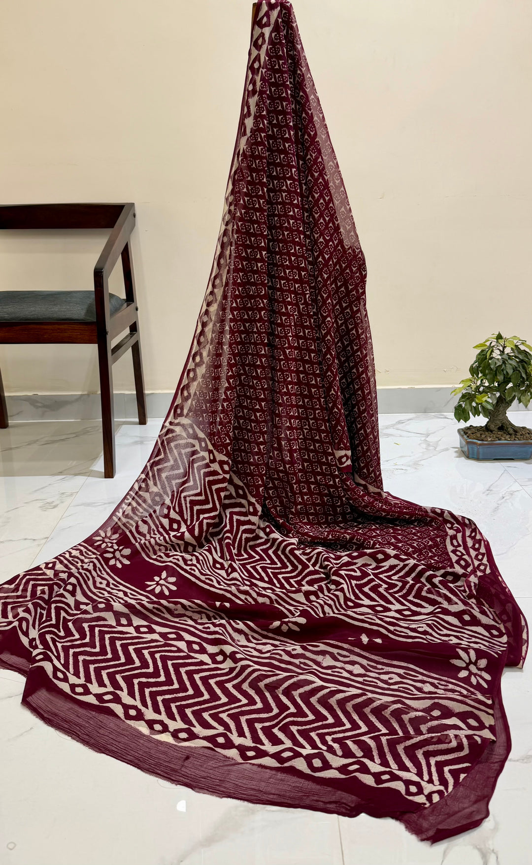 Premium Handblock printed Pure Double Diamond Chiffon saree  - Ajrakh dark maroon