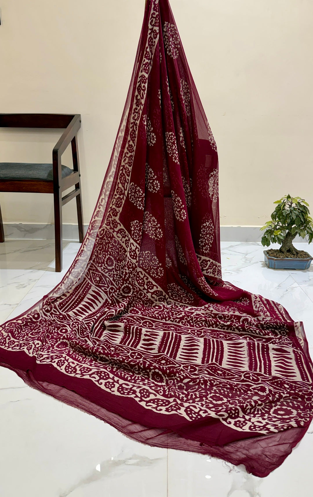 Premium Handblock printed Pure Double Diamond Chiffon saree  - Ajrakh dark maroon