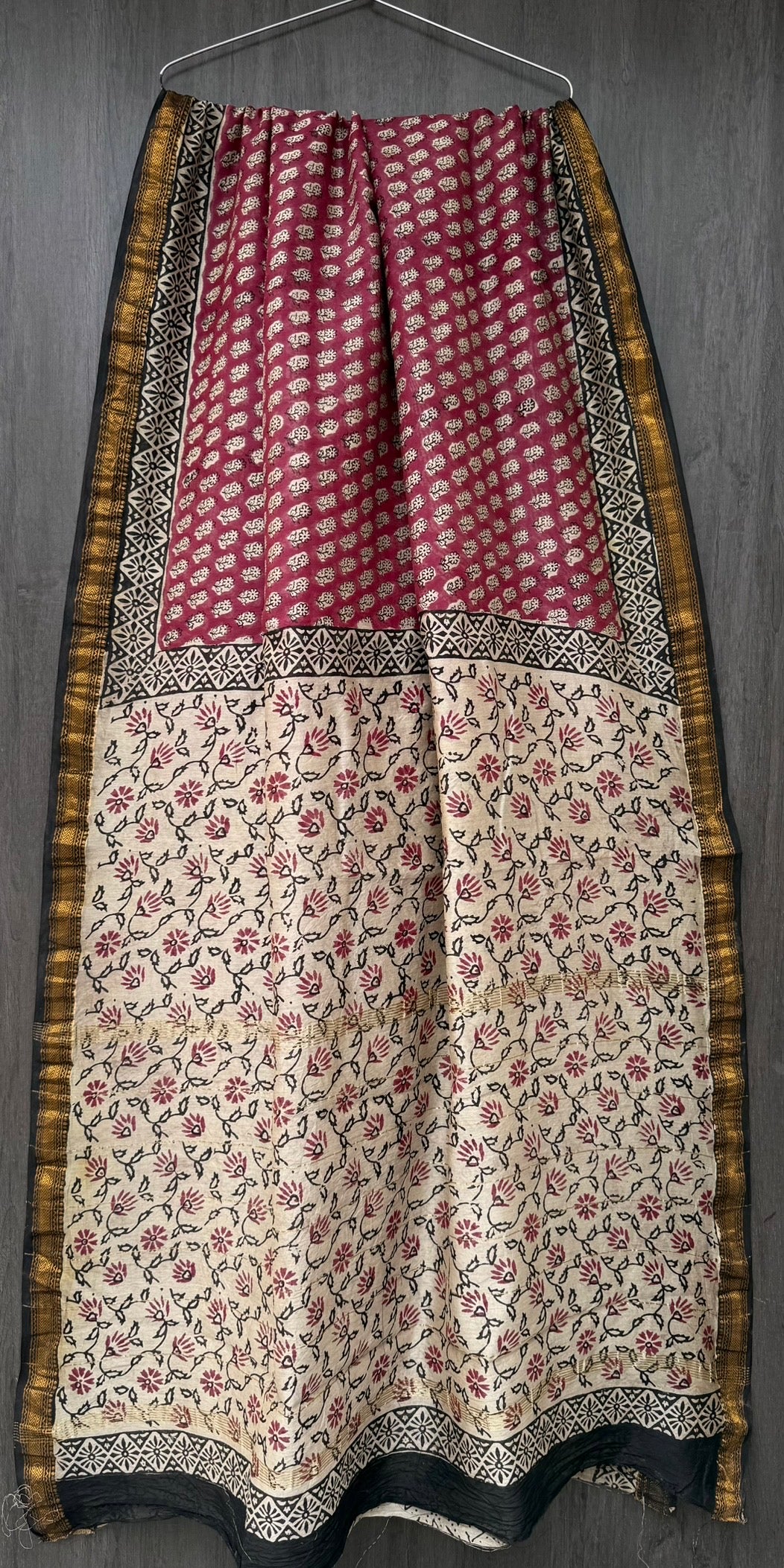Maroon Burgundy & Cream Floral Vine Handblock Printed Pure Maheshwari Silk Saree