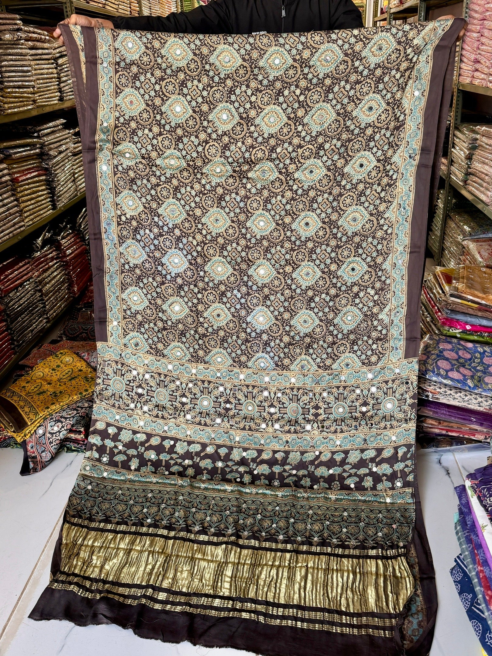 Premium Charcoal Grey Modal Silk Saree with Earthy Prints and Mirror Work Detailing