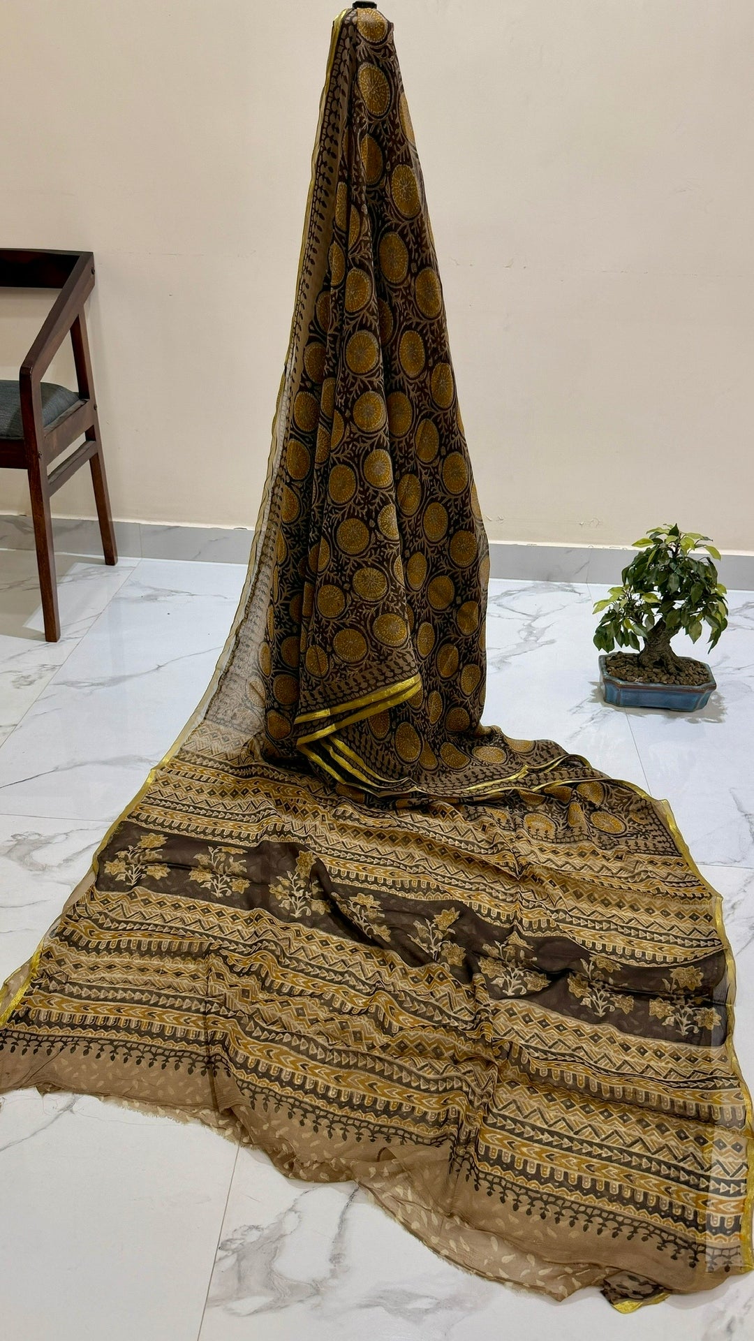 Charcoal Black & Golden Ochre Mandala Print Premium Chiffon Saree
