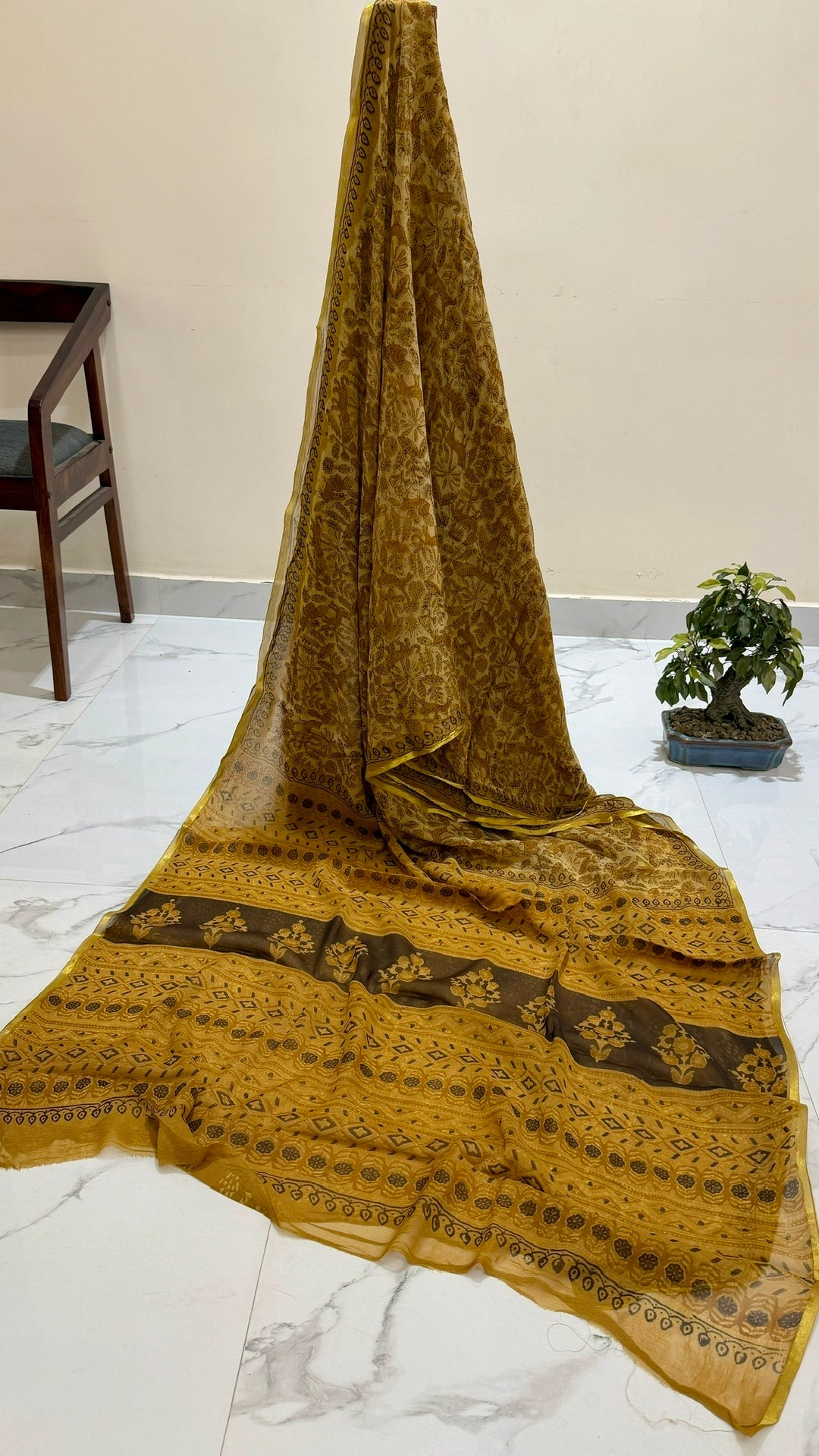 Mustard Yellow & Earthy Brown Floral Handblock Premium Chiffon Saree