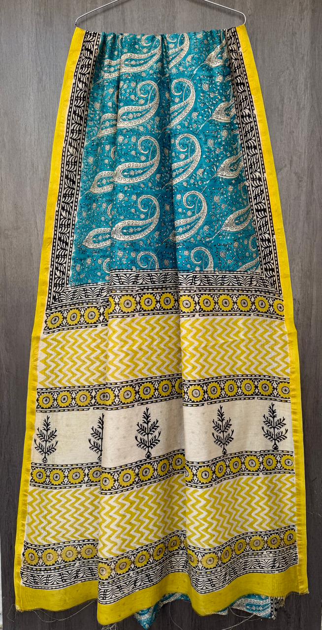 Teal Blue and Canary Yellow Ajrakh Printed Chanderi Silk Saree