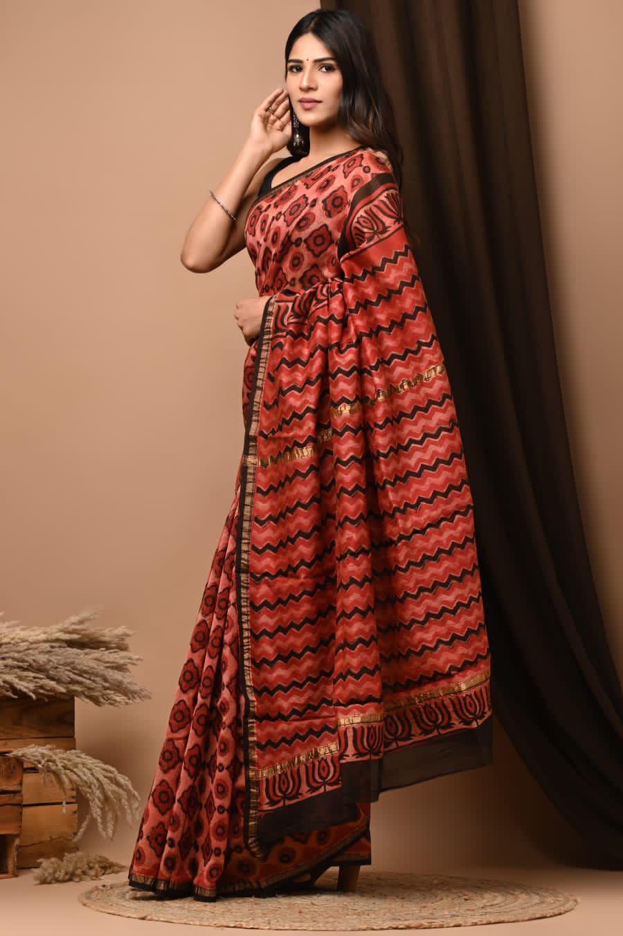 Terracotta Red and Black Chevron Ajrakh Handblock Printed Chanderi Silk Saree