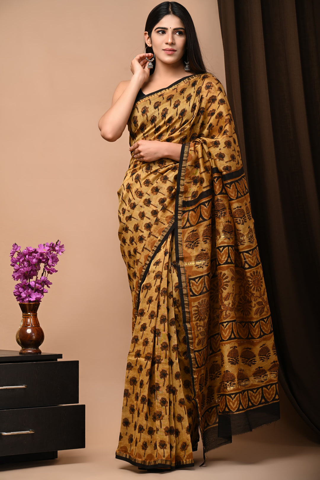 Mustard Yellow and Black Tree-Motif Ajrakh Handblock Chanderi Silk Saree