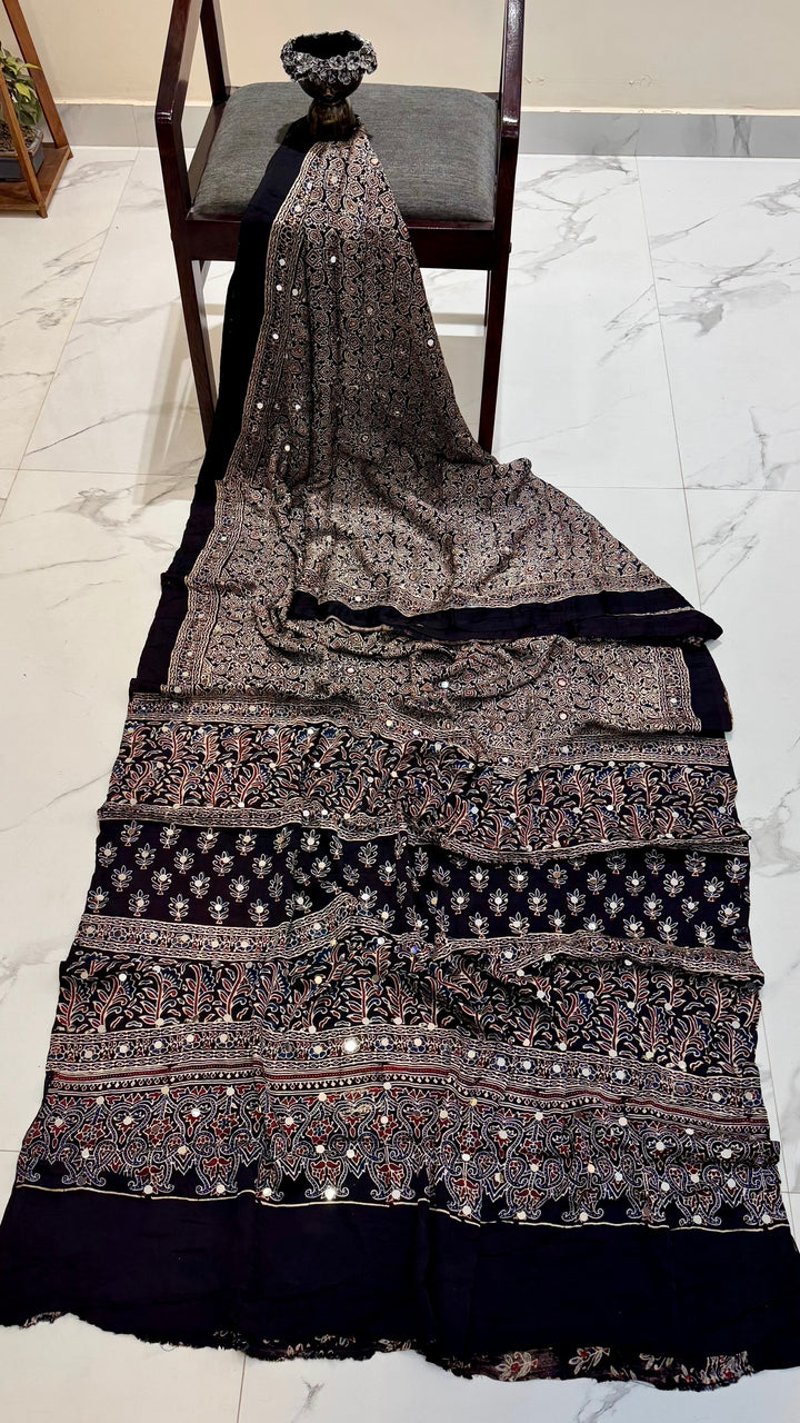 Black Hand Block Printed Modal Silk Saree | Authentic Ajrakh Print with Mirrors