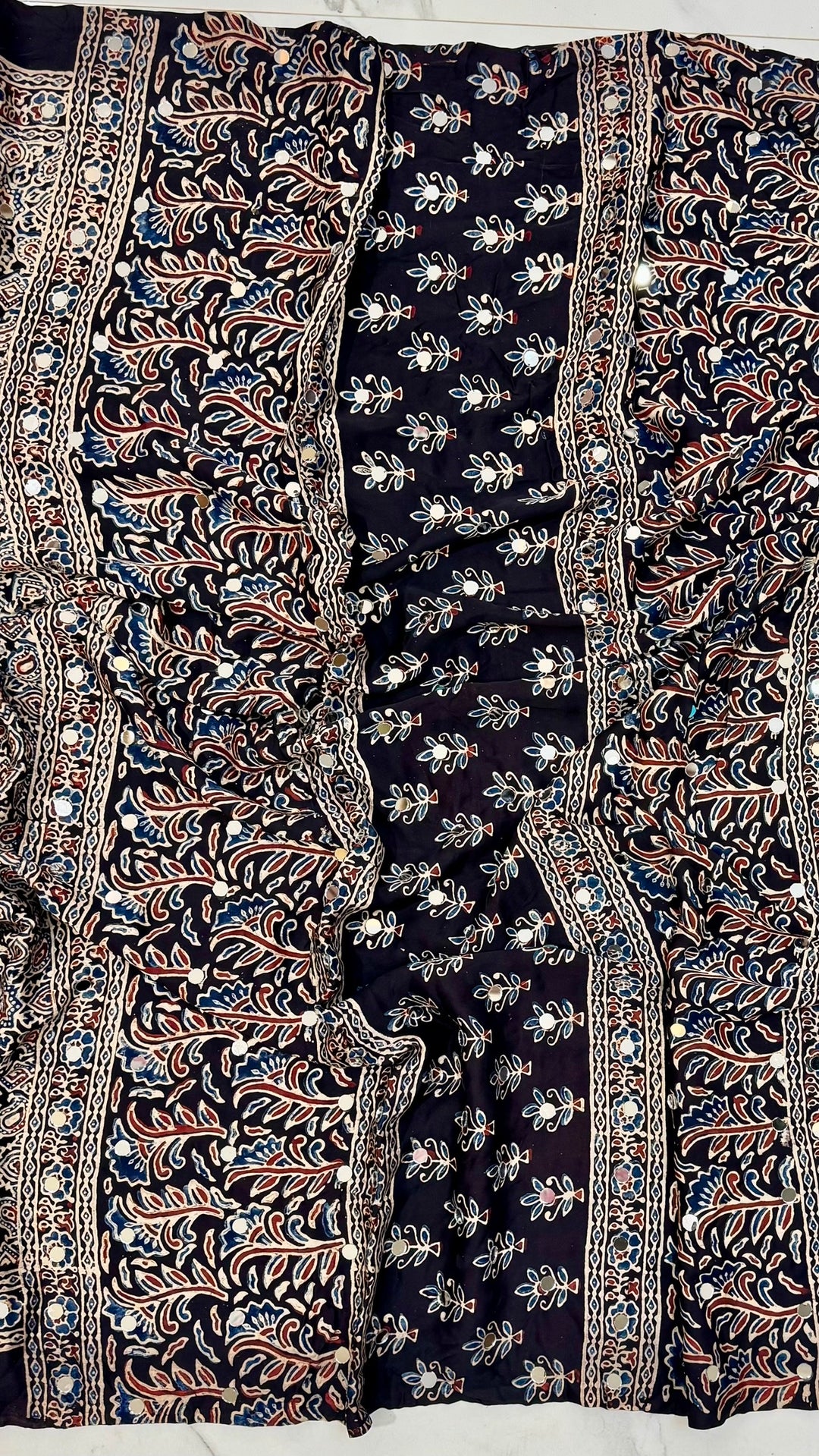 Black Hand Block Printed Modal Silk Saree | Authentic Ajrakh Print with Mirrors