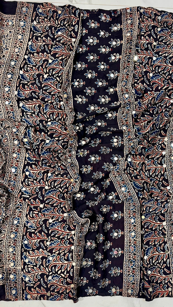 Black Hand Block Printed Modal Silk Saree | Authentic Ajrakh Print with Mirrors