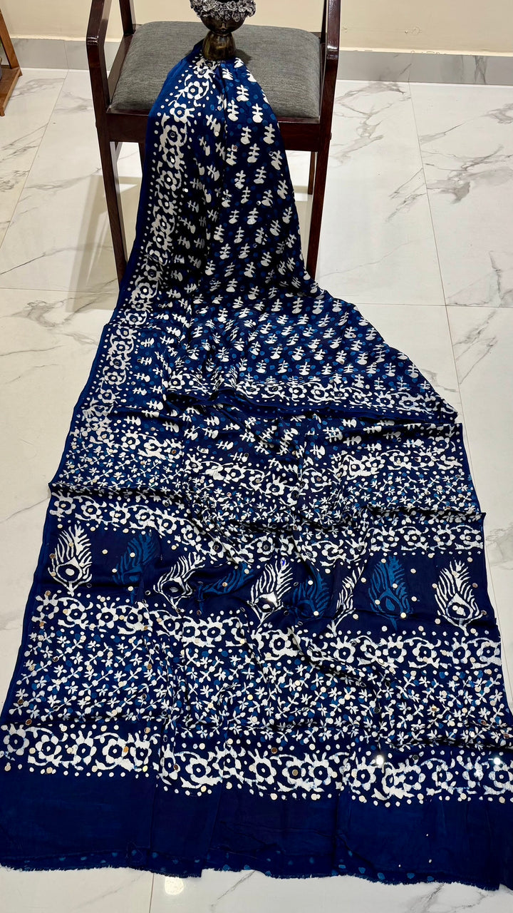 Indigo Blue Modal Silk Saree | Hand Block Print with Mirror Work & Mor Pankh Pallu