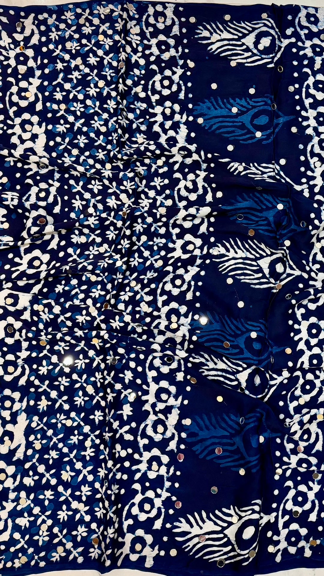 Indigo Blue Modal Silk Saree | Hand Block Print with Mirror Work & Mor Pankh Pallu