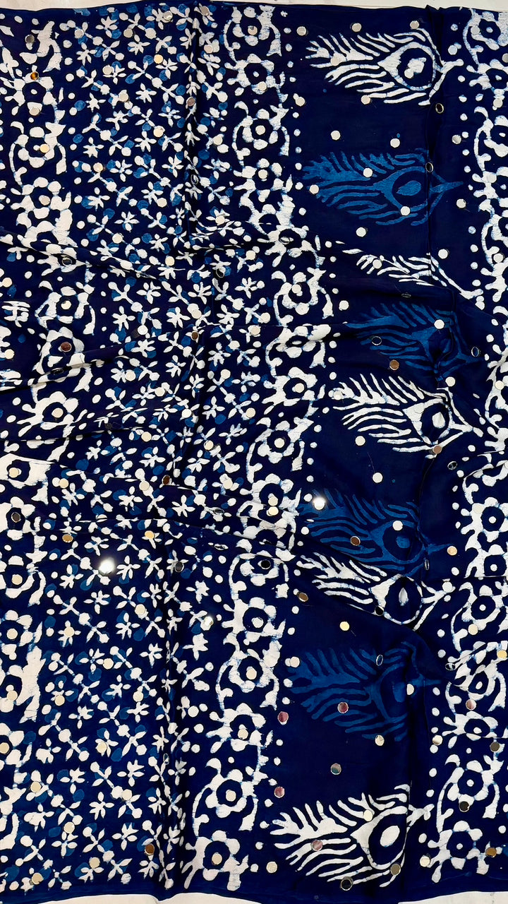 Indigo Blue Modal Silk Saree | Hand Block Print with Mirror Work & Mor Pankh Pallu