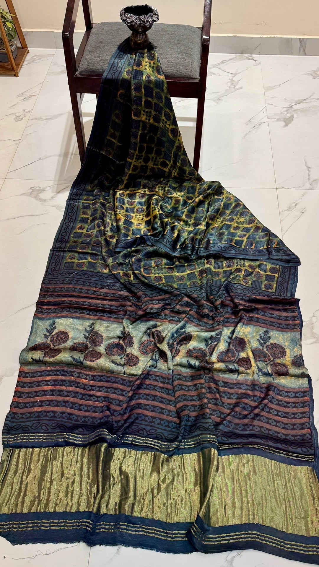 Indigo Blue and Olive Green Pure Gajji Silk Ajrakh Handblock Printed Saree with Tissue Pallu